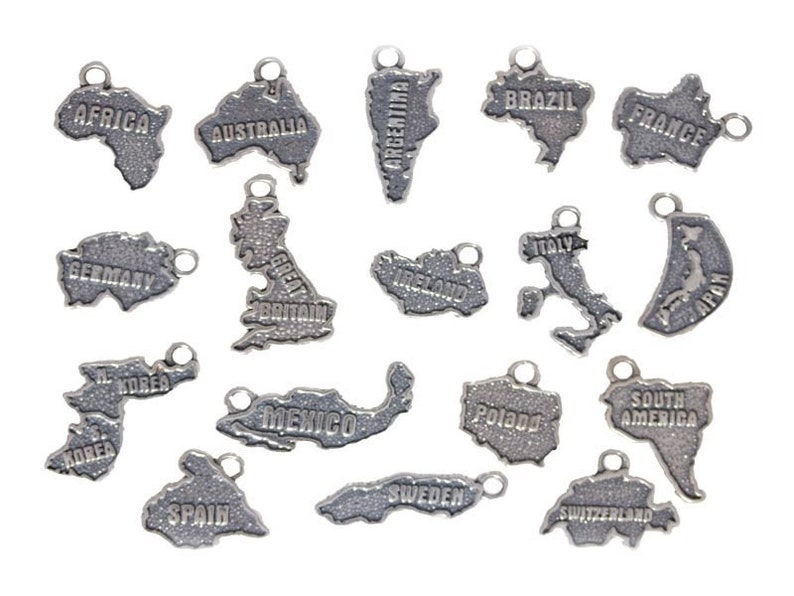 Sterling Silver Map of Country Charms for Jewelry Design or Etsy