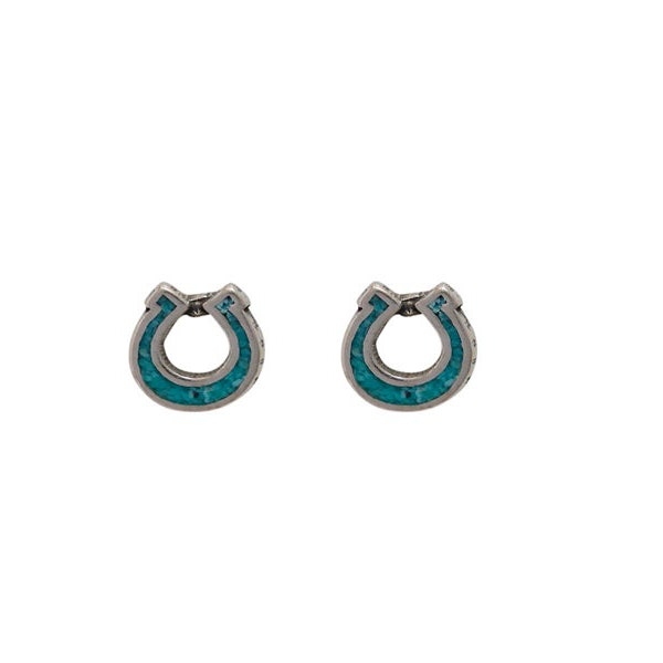 Horseshoe Stud Earrings Sterling Silver with Turquoise Inlay