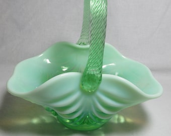 Green opalescent Mosser glass basket with drapery pattern