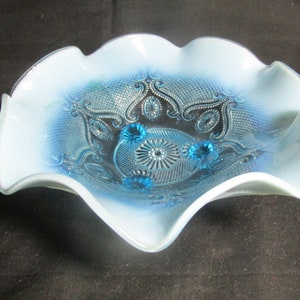 Jefferson Glass blue opalescent pinched ruffled edge, 3 toed knob feet