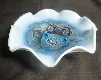 Jefferson Glass blue opalescent pinched ruffled edge, 3 toed knob feet