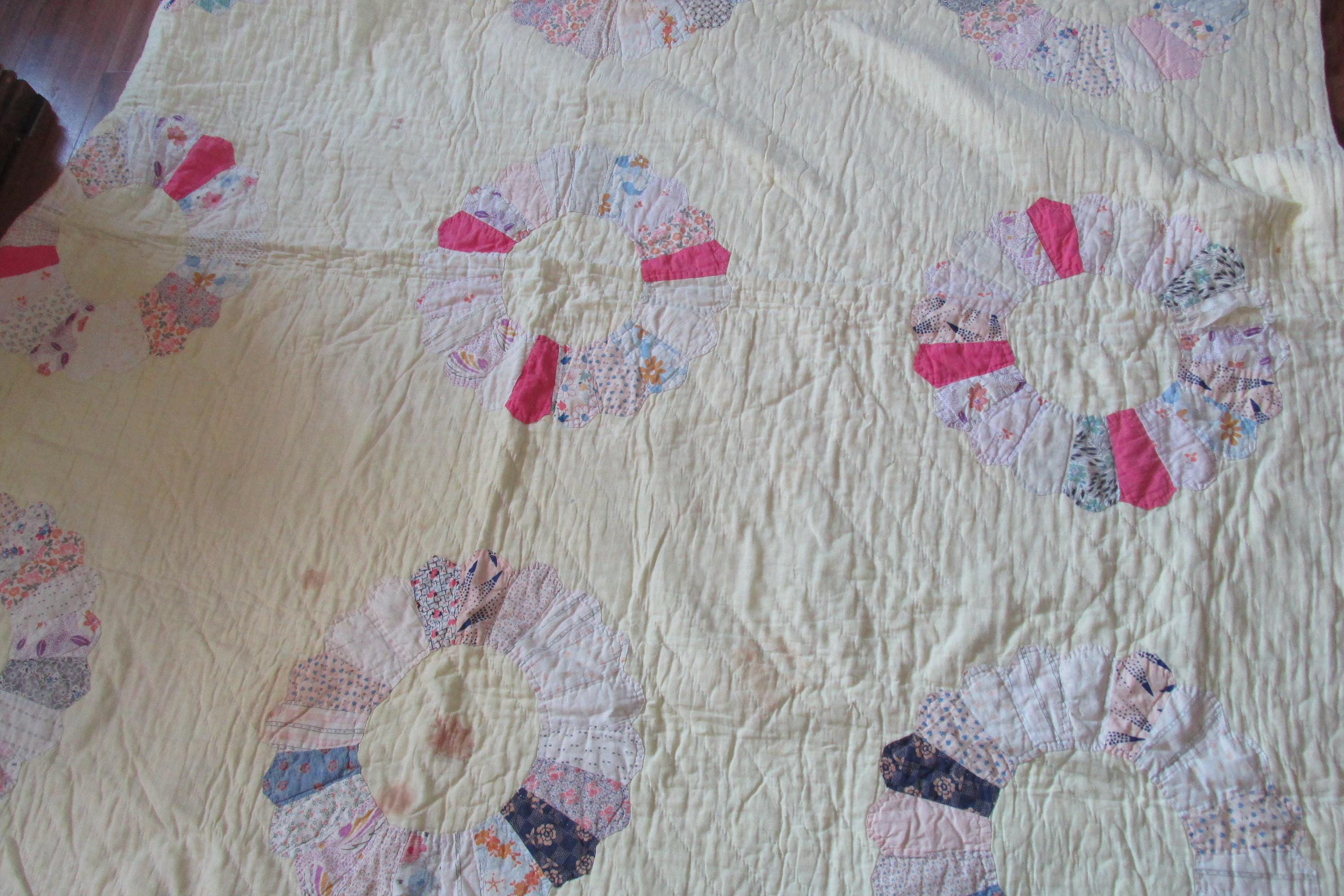 Yellow patchwork handmade vintage quilt, twin size