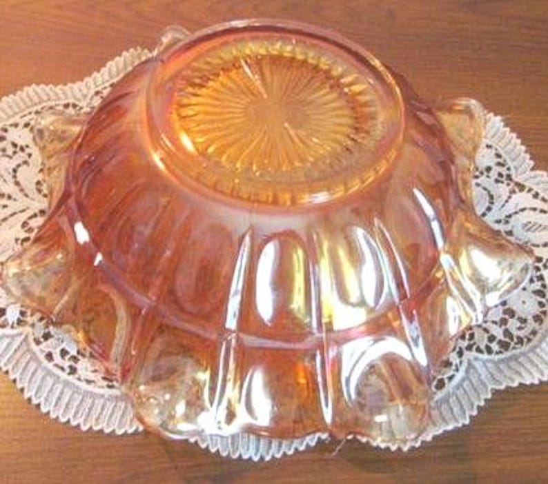 Imperial Glass bowl thumbprint Marigold Iridescent carnival scalloped edge Vintage 1930s image 2