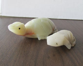 Large turtle and small frog made from hand carved onyx stone figurines paperweights