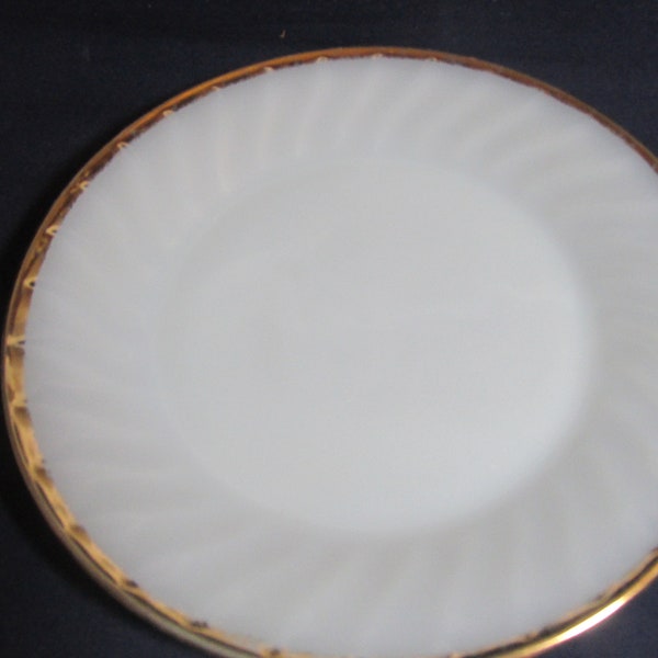 Fire King luncheon/salad plates white milk glass with swirl pattern and gold edge rim, 13 still available