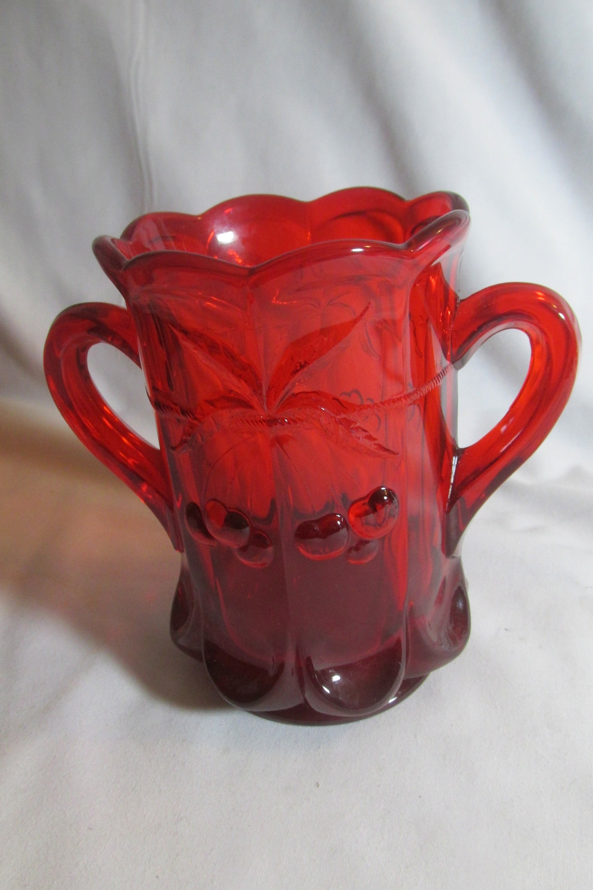 Ruby Red Glass Mug With Embossed Leaves Design, Fancy Deep Red