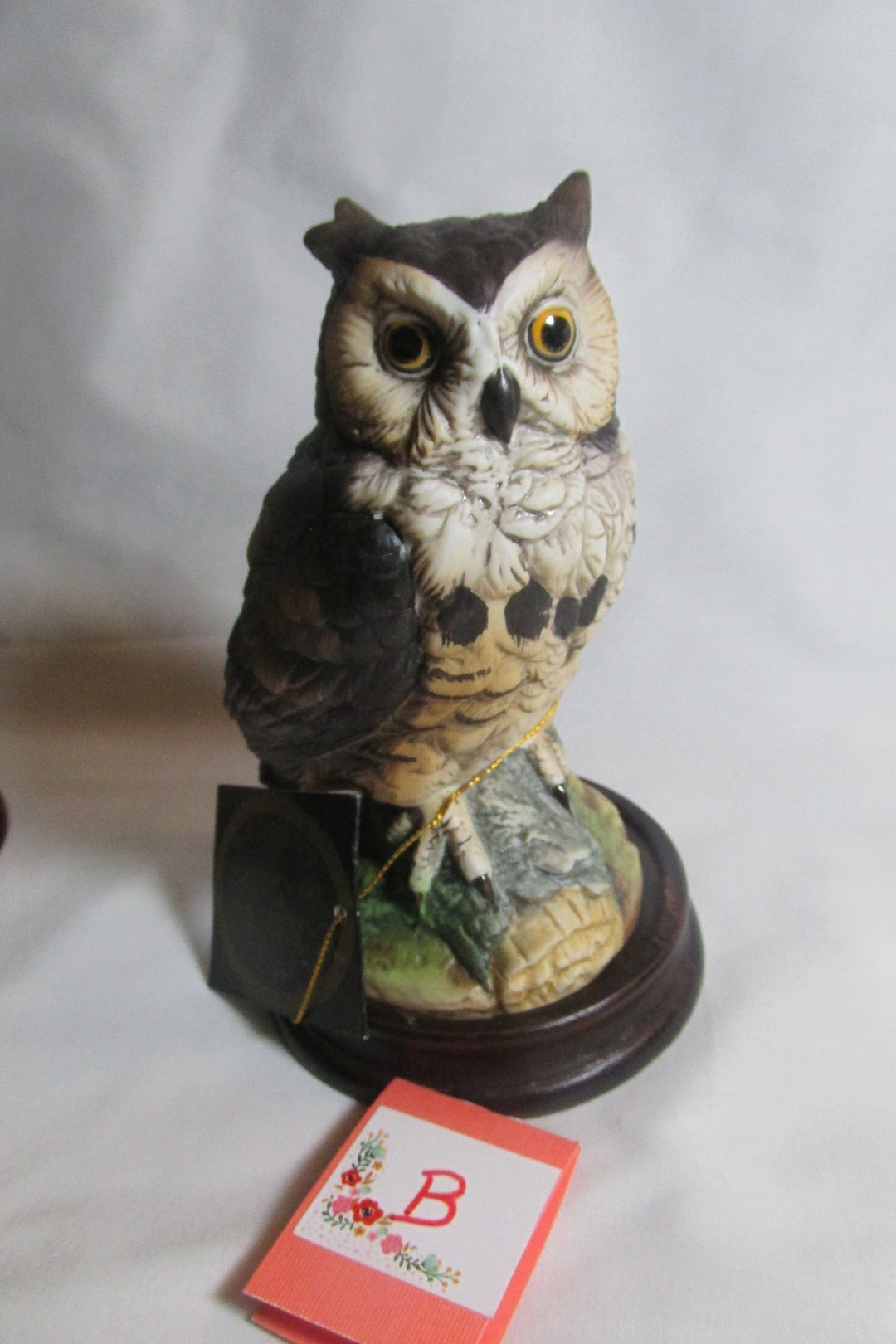 Andrea by Sadek Great Horned Owl Porcelain Figurine on a Round Wooden ...