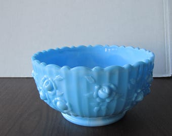 Fenton blue marble milk glass cabbage rose bowl