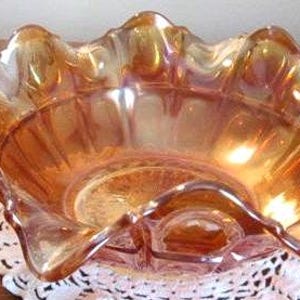 Imperial Glass bowl thumbprint Marigold Iridescent carnival scalloped edge Vintage 1930s image 1