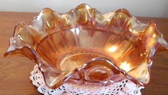 Imperial Glass bowl thumbprint  Marigold Iridescent carnival scalloped edge Vintage 1930s