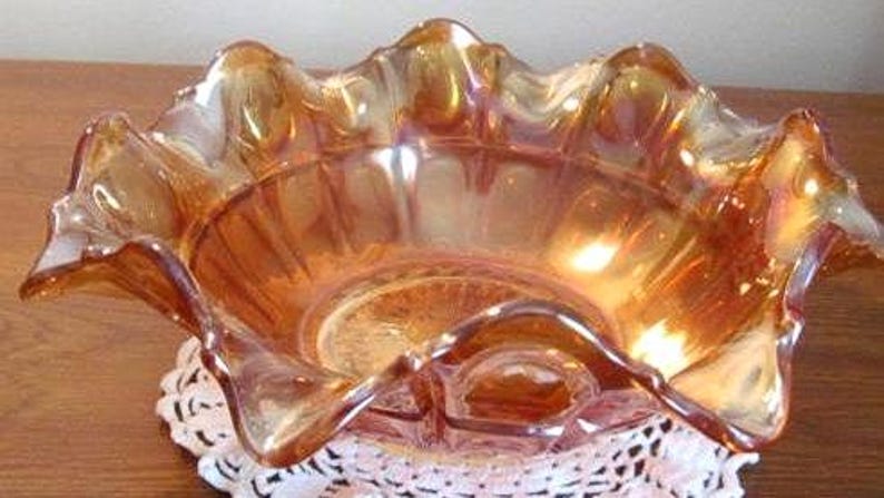 Imperial Glass bowl thumbprint Marigold Iridescent carnival scalloped edge Vintage 1930s image 1