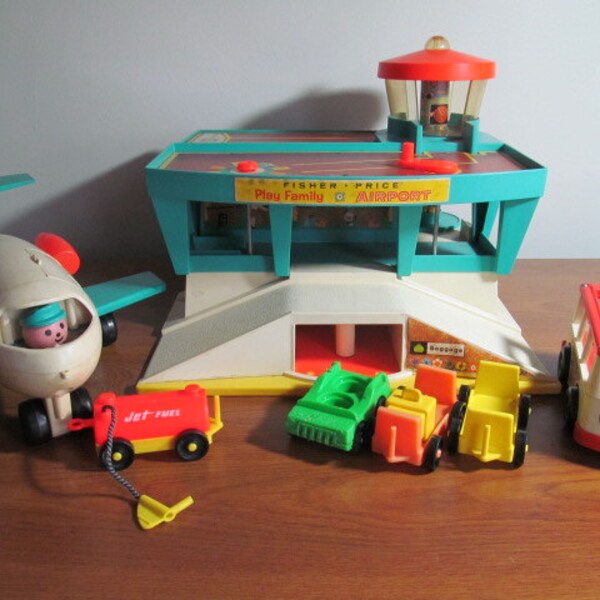 Vintage Fisher Price Little people  airport set 1970s toy airplane toy vehicles