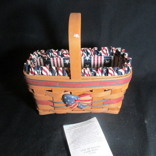 Longaberger Candle Basket with All American red white blue liner and protector combo with tie-on, Vintage 1990s