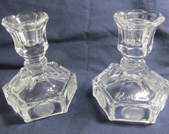 Fostoria clear glass coin candle holders pair
