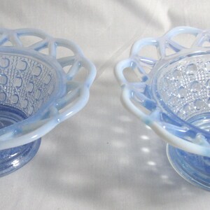 Imperial Glass candy nut dish with lattice rim, Katy blue opalescent, set of 2