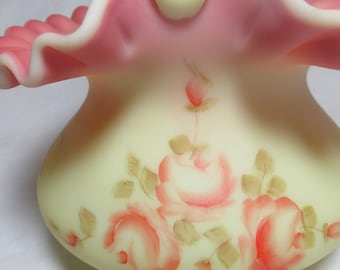 Fenton Burmese Basket hand painted Roses, signed by S Lewis