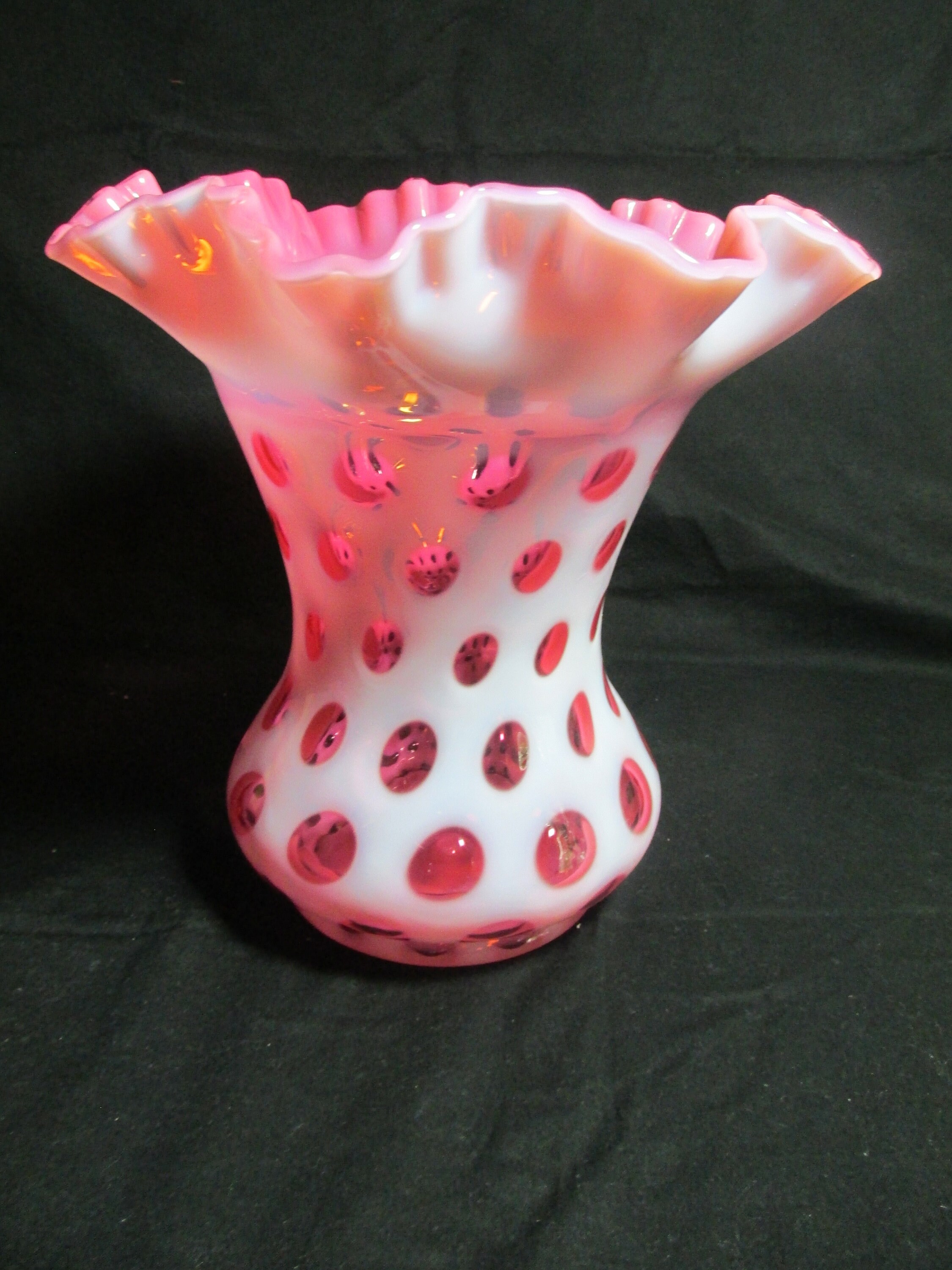 Fenton Glass Cranberry Coin Dot 8 Inch Vase With Ruffled