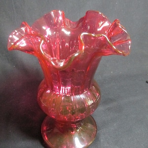 Fenton cranberry footed vase with ruffled edge, 6.5  inches tall