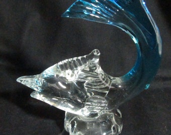 Hand Blown Art Glass fish with blue tail paperweight figurine