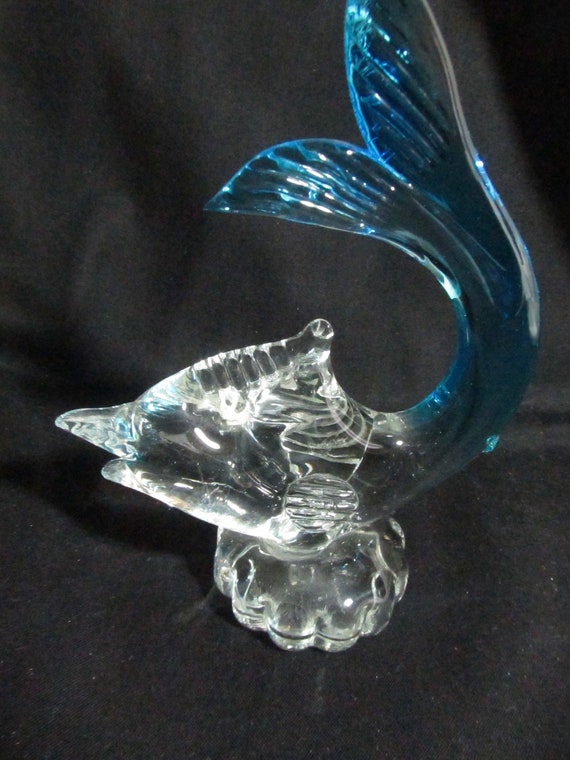 Hand Blown Art Glass fish with blue tail paperweight figurine