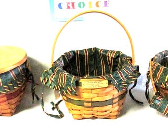 Longaberger Christmas Collection Jingle Bell Basket with liner, protector, 4 Choices: green stripe or Holly liner