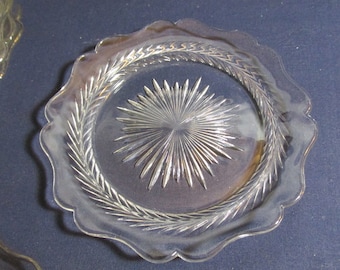 Jeannette Clear Glass Sunburst Herringbone Bread & Butter Plates, set of 6, vintage 1930s