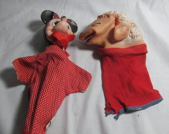 Marionetas de mano vintage: Lamb Chops y Minnie Mouse, hechas de goma y tela, años 50, lote de 2