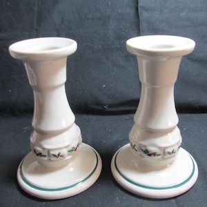 Longaberger Pottery Christmas candleholders with holly, set of 2