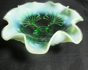 Northwood Glass Opalescent Shell and Dots candy dish, CHOICE Green or Blue, Early 1900s