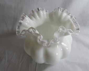 Fenton white melon shaped vase with silver crest edge, 6 1/4" wide