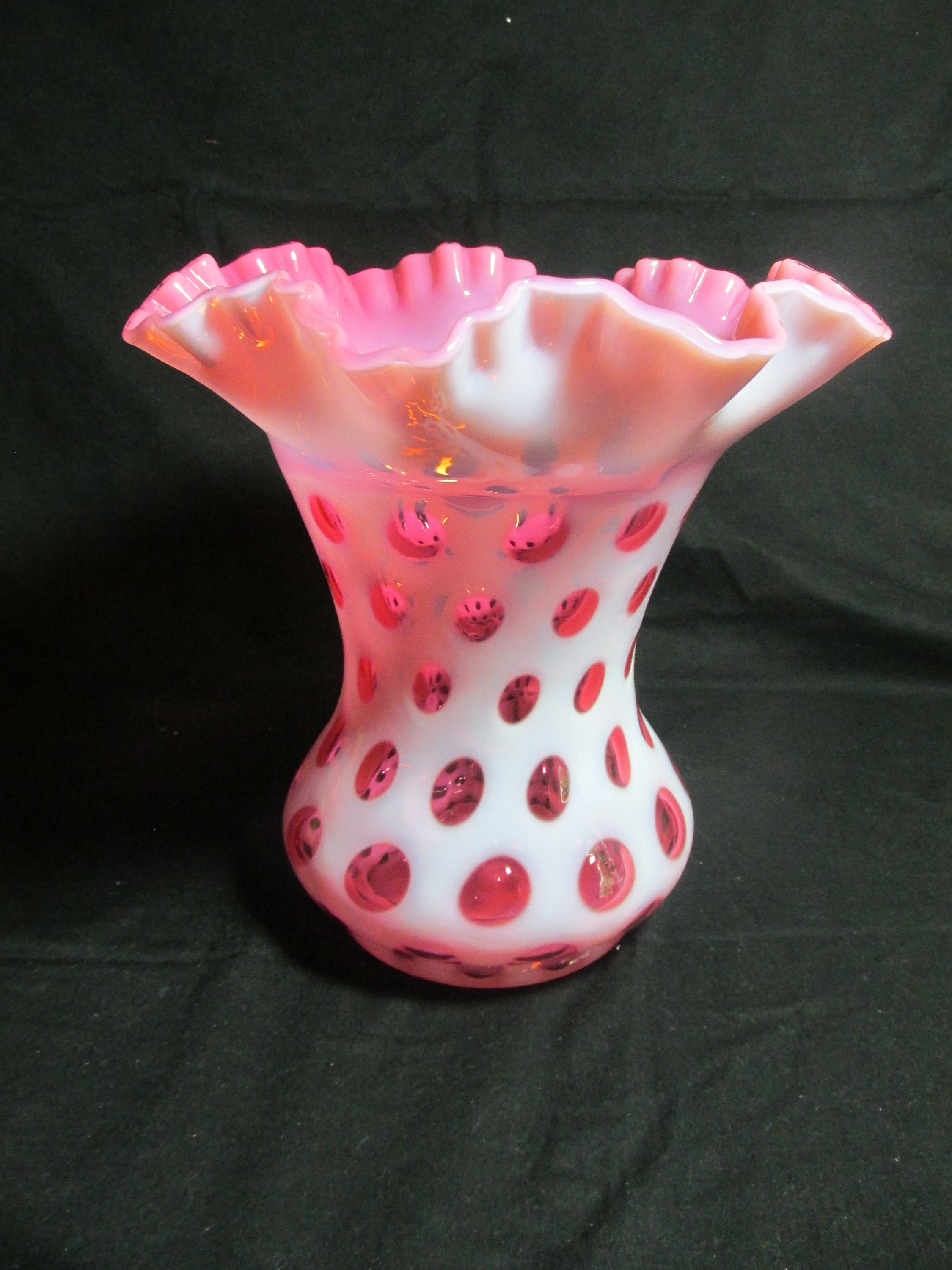 Fenton Glass Cranberry Coin Dot 8 Inch Vase With Ruffled