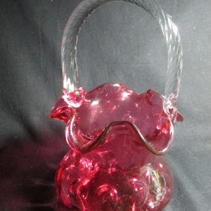 Fenton cranberry basket dot optic with clear rope like handle, ruffled edge