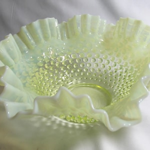 Fenton yellow opalescent vaseline ruffled  serving bowl