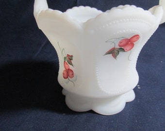 Fenton Glass Winter berries on white satin basket, hand painted by D Anderson