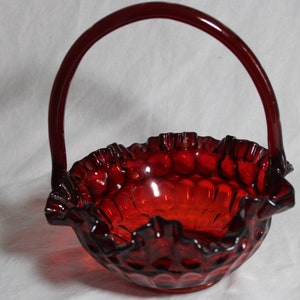 Fenton Art Glass Ruby Red 8&quot; brides Basket, Thumbprint pattern