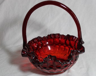 Fenton Art Glass Ruby Red 8&quot; brides Basket, Thumbprint pattern