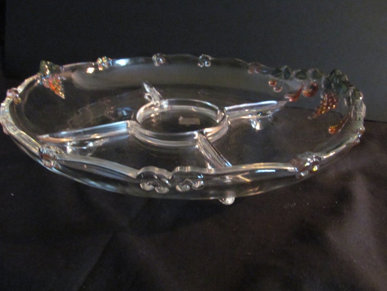Mikasa Crystal serving plate dish round divided relish 13 inch footed with grape design Germany vintage 1970s