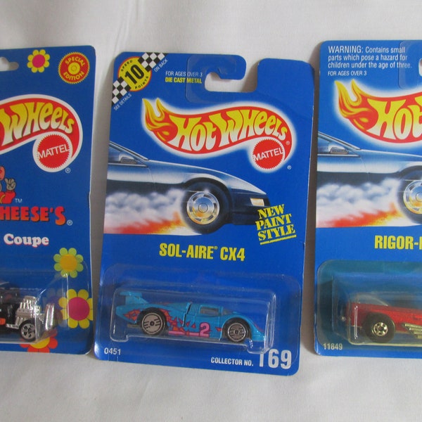 Hot Wheels Mattel, Chucke Cheese's '32 Ford Coupe, Sol-Aire CX4, Rigor-Motor, lot of 3