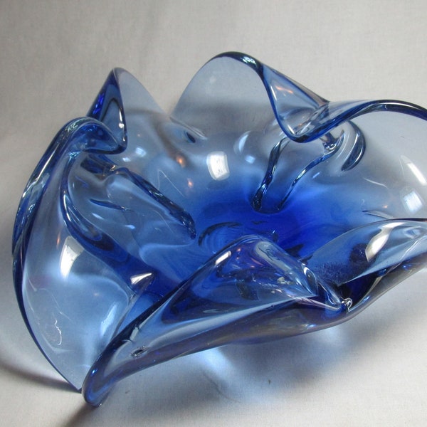 Murano large folded edge free art form blown glass blue bowl