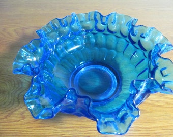 Fenton 8" brides bowl colonial blue thumbprint pattern  with ruffled edge 1970s