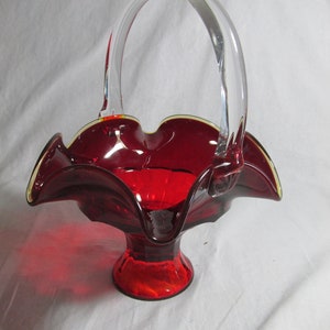 Viking Glass Georgian ruby red basket with clear handle, As is