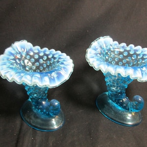 Fenton Hobnail blue opalescent 5.5&quot; Cornucopia candleholder, pair