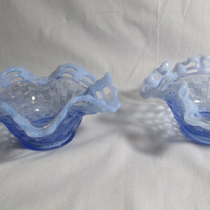 Imperial Glass open lace  lattice edge bowl and shallow dish, blue opalescent Moonstone, set of 2