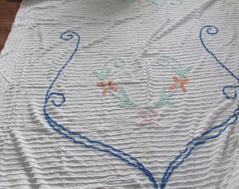 vintage White chenille bedspread with floral design