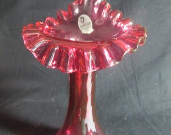 Fenton Jack-in-the-pulpit 7&quot; vase, cranberry with pinched ruffled edge