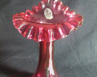 Fenton Jack-in-the-pulpit 7" vase, cranberry with pinched ruffled edge