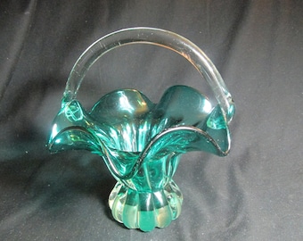 Murano Glass green basket with clear handle, hand blown, weight bottom, Made in Italy