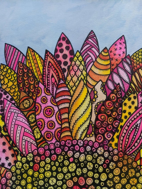 floral art✼•• Doodle and Zentangle Flower Watercolor Painting 9x12-inch