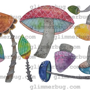Mixed Media Artist Trading Coin Digital Download Printable in Bright Colors with Mushrooms Collage Elements Art Journals, Card Making (C)