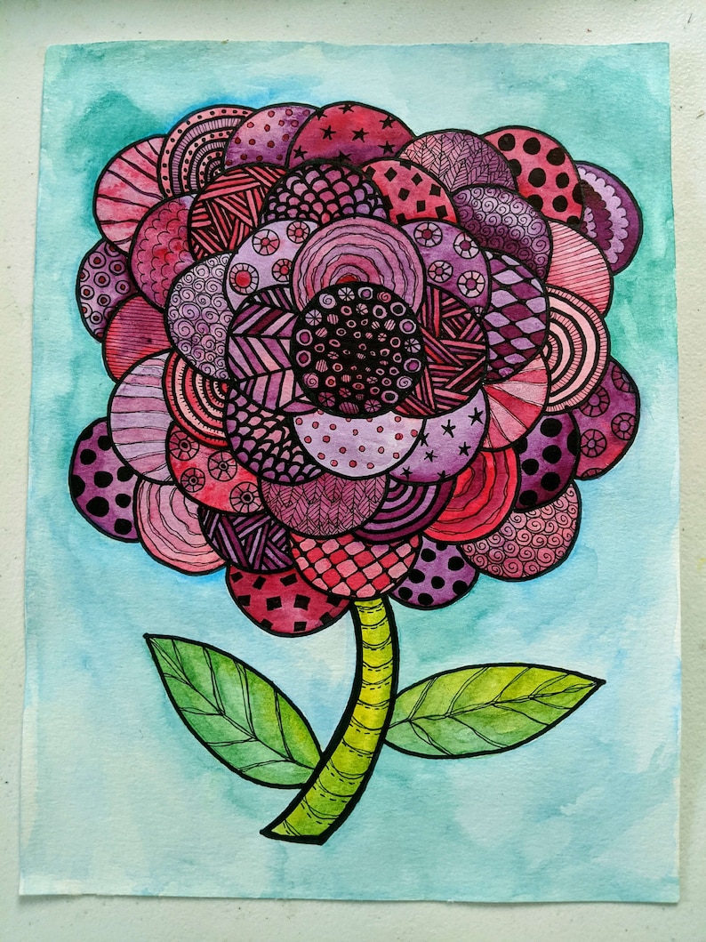 Doodle and Zentangle Flower Watercolor Painting 9x12inch Pink Etsy